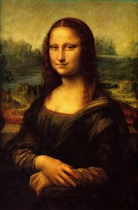 The painting of Mona Lisa showing a smiling woman in an outdoor setting.